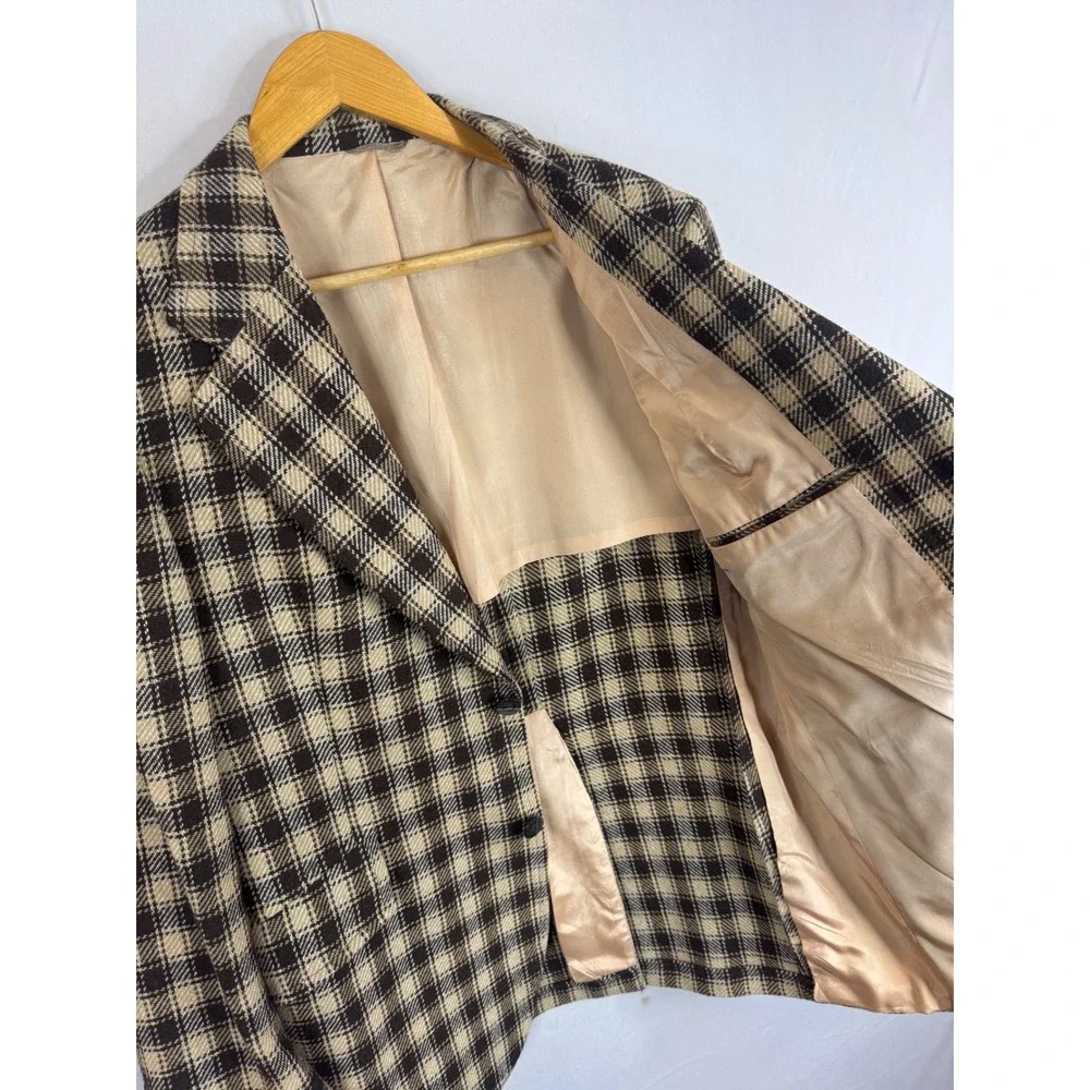 Vintage 70s Tip Top Wool Blend Plaid Blazer Sport Coat Brown Cream 44 Reg